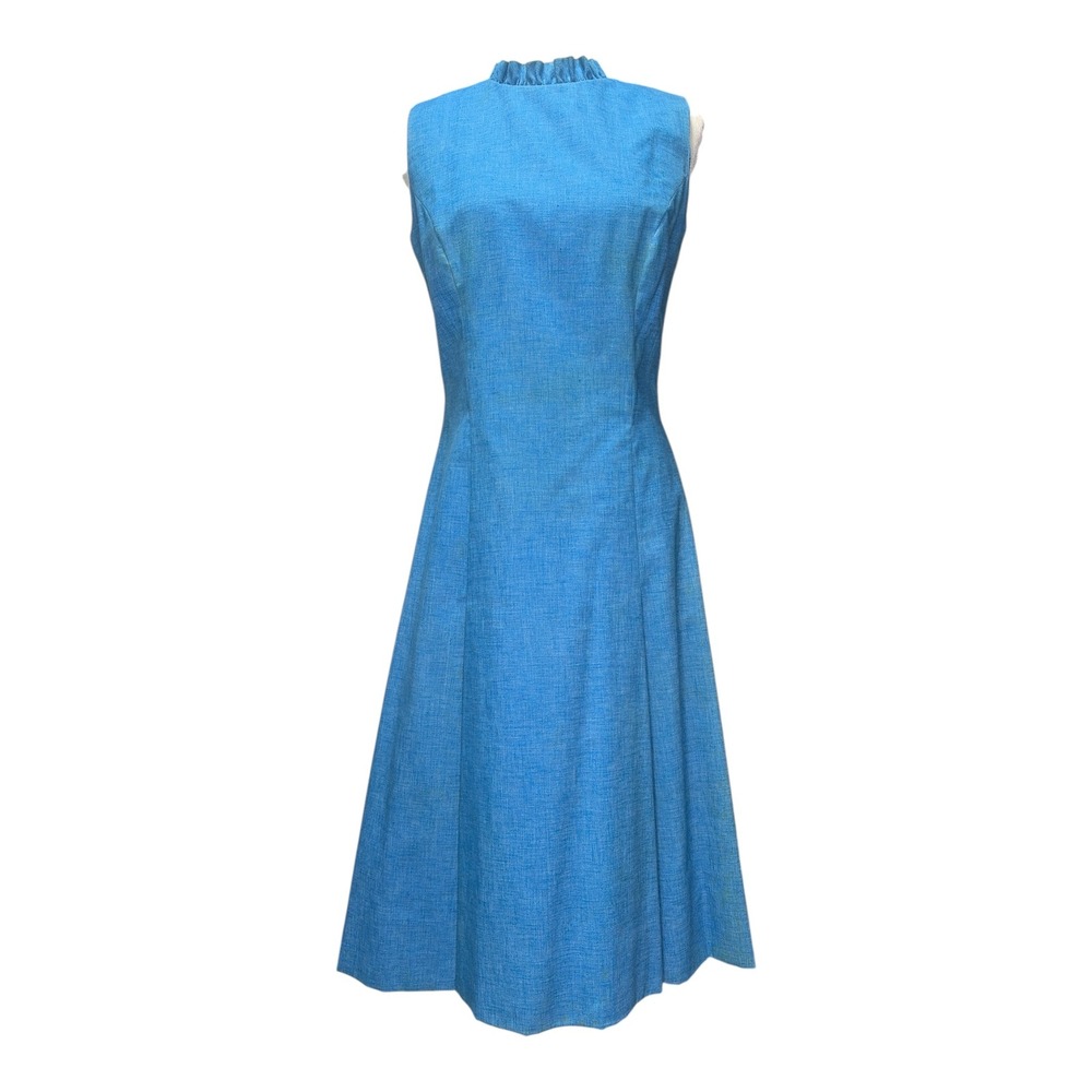Vintage Toshimi Waikiki Blue Ruffle Neck Sleeveless Midi Dress 60s Hawaiian MCM